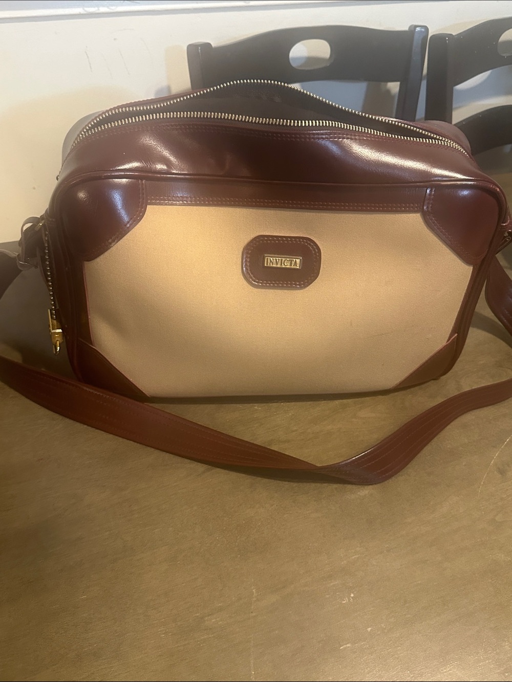 Invicta Beige Canvas and Brown Leather Messenger Bag